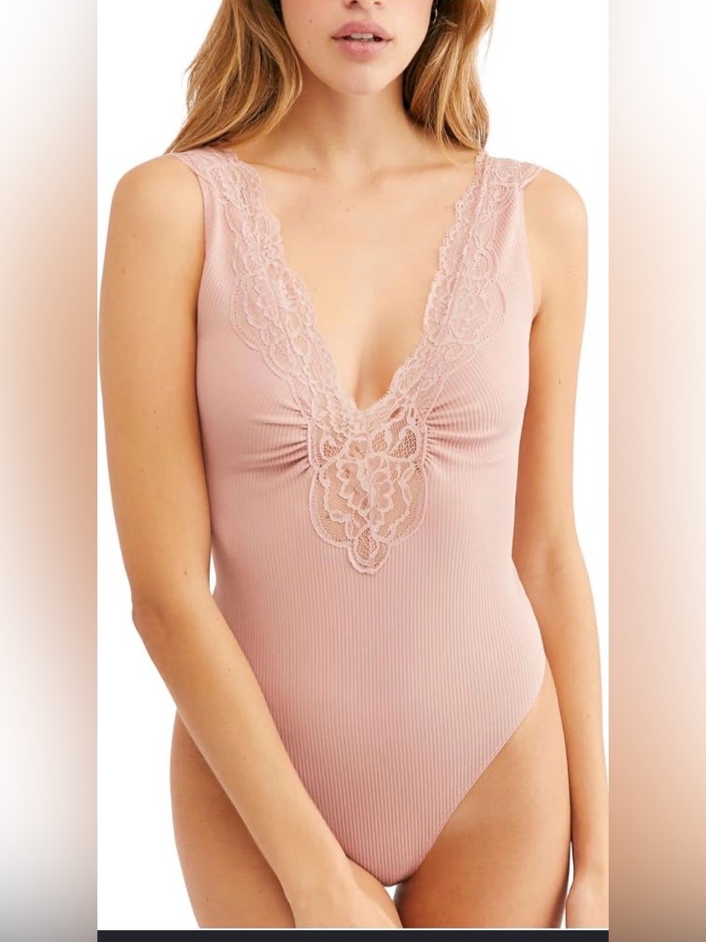 Intimately Free People First Call Bodysuit Deep V-neckline Lace Trim Size Small